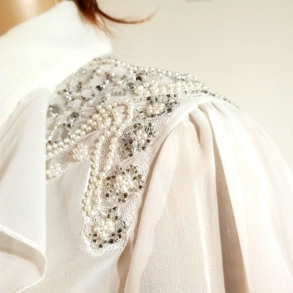 Vintage Victorian Bib Ruffle Beaded Poet Blouse Top Shirt / Sz 6 / Off-white - Picture 6 of 15